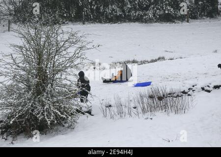 Holmfirth, Großbritannien. Februar 2021. Ein Familienrodeln auf einem verschneiten Hügel in West Yorkshire an einem Dienstagnachmittag. Schwerer Schnee fiel über Nacht in West Yorkshire und verursachte gefährliche Fahrbedingungen. Kredit: SOPA Images Limited/Alamy Live Nachrichten Stockfoto