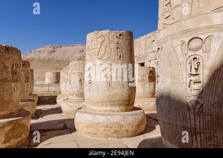 Medinet Habu Temple Column Detail, Luxor, Ägypten. Theben, Afrika Stockfoto