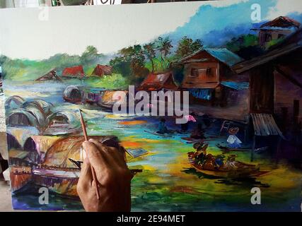 Kunst Malerei Ölfarbe Floating Markt Thailand , ländliches Leben , ländliches thailand Stockfoto