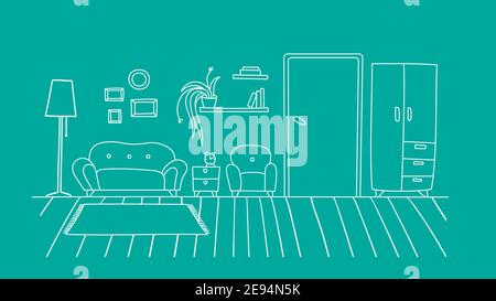 Wohnzimmer Innenwohnung einfach. Lineare Umrisse der Möbel. Monochrome Vektorgrafik. Grüner Hintergrund, weiße Linien. Stock Vektor