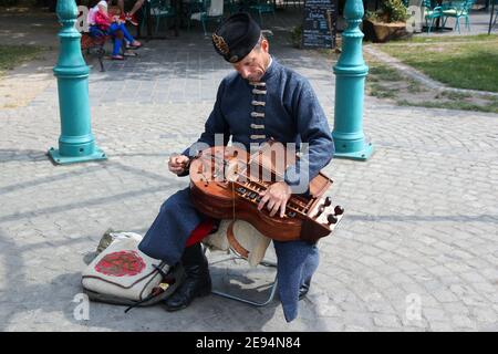 BUDAPEST, UNGARN - 20. JUNI 2014: Straßenkünstler spielt Drehleier Volksmusik in Budapest. Drehleier ist ein traditionelles Saiteninstrument auch kennen Stockfoto