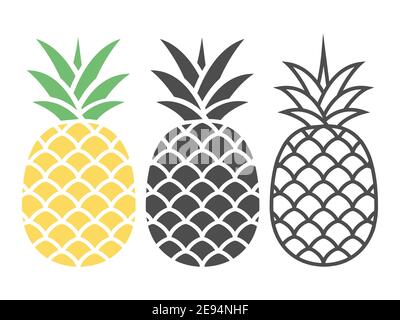 Ananas Icon Set. Gesunde Fruchtfutter Sammlung isoliert auf weiß. Vektor tropische Illustration. Stock Vektor