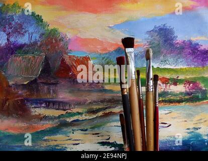 Professioneller Künstler handgemalt Original Impressionismus Meisterwerke Maler Ölmalerei Mischpalette Pinsellandschaft im Landesinneren Stockfoto