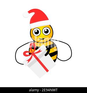 Cartoon Biene Charakter mit Überraschung Illustration. Cute Biene tragen Weihnachtsmann Hut und Geschenk-Box Vektor isoliert auf weiß. Konzept für frohe Weihnachten. Stock Vektor