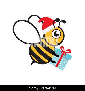 Cartoon Biene Charakter mit Überraschung Illustration. Cute Biene tragen Weihnachtsmann Hut und Geschenk-Box Vektor isoliert auf weiß. Konzept für frohe Weihnachten. Stock Vektor