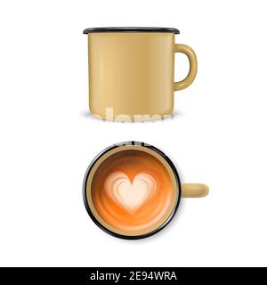 Vektor 3d realistisch Braun Emaille Metall Blank Becher mit Schaum Kaffee innen isoliert auf weißem Hintergrund. Herzmuster. Vorderansicht und Draufsicht. Design Stock Vektor