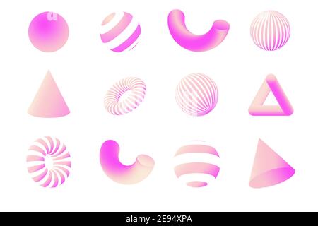 Pink Geometry 3D-Shapes Set. Vektor-Design-Elemente für soziale Medien und visuelle Inhalte, Web- und UI-Design, Poster und Kunstcollage, Branding. Stock Vektor