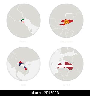 Kuwait, Kirgisistan, Laos, Lettland Kartenkontur und Nationalflagge im Kreis. Vektorgrafik. Stock Vektor