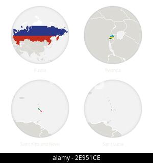 Russland, Ruanda, St. Kitts und Nevis, St. Lucia Karte Kontur und Nationalflagge in einem Kreis. Vektorgrafik. Stock Vektor