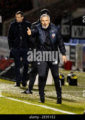 Februar 2021; St Mirren Park, Paisley, Renfrewshire, Schottland; Scottish Premiership Football, St Mirren gegen Hibernian; St Mirren Manager Jim Goodwin Stockfoto