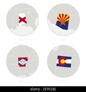 Alabama, Arizona, Arkansas, Colorado US-Bundesstaaten kartieren Kontur und Nationalflagge in einem Kreis. Vektorgrafik. Stock Vektor