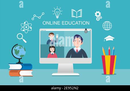 Illustration eines Lehrers, der eine Online-Klasse mit einer Videokonferenz auf einem Computer hostet, Stockfoto