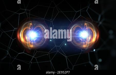 Teilchen, Quantenverschränkung (Quantenkorrelation), Quantenmechanik. 3D Abbildung Stockfoto