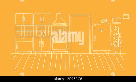 Küche Innenraum Wohnung einfach. Lineare Umrisse der Küchenmöbel. Monochrome Vektorgrafik. Gelber Hintergrund, weiße Linien. Stock Vektor