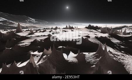 Blick auf Plutos Berge und eisige Ebenen. 3D Abbildung Stockfoto