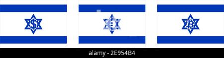 Flagge des Staates Israel mit Dollar-, Euro- und Bitcoin-Flagge im Davidstern. Israelischer Handel nach Europa, USA und Kryptowährungshandelskonzept Stock Vektor