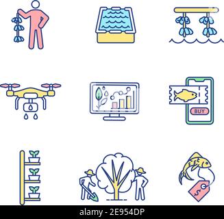 Landwirtschaft Produktion RGB-Farbsymbole gesetzt Stock Vektor