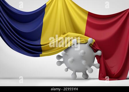 Die rumänische Nationalflagge drapierte über einem Covid-Virus-Molekül. 3D-Rendering Stockfoto