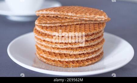 Traditionelle holländische Cookies Stroopwafels auf einer weißen Untertasse Stockfoto