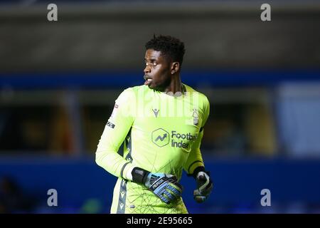 Birmingham, Großbritannien. Februar 2021. Brice Samba #30 von Nottingham Forest in Birmingham, UK am 2/2/2021. (Foto von Simon Bissett/News Images/Sipa USA) Quelle: SIPA USA/Alamy Live News Stockfoto