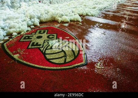 Rotherham, Großbritannien. Februar 2021. Rotherham United Abzeichen bedeckt mit Schnee. In Rotherham, UK am 2/2/2021. (Foto von Dean Williams/News Images/Sipa USA) Quelle: SIPA USA/Alamy Live News Stockfoto