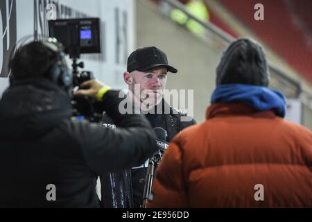 Rotherham, Großbritannien. Februar 2021. Wayne Rooney Manager von Derby County spricht mit den Medien, nachdem sein Seitenspiel mit Rotherham United wegen eines wasserbemannten Platzes abgesagt wurde. In Rotherham, UK am 2/2/2021. (Foto von Dean Williams/News Images/Sipa USA) Quelle: SIPA USA/Alamy Live News Stockfoto