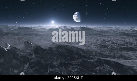 Erde vom Mond. 3D Abbildung Stockfoto