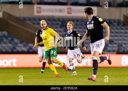 LONDON, ENGLAND. 2. FEBRUAR: Teemu Pukki aus Norwich spielt am Dienstag, den 2. Februar 2021, während des Sky Bet Championship Matches zwischen Millwall und Norwich City in Den, London. (Kredit: Juan Gasparini - MI News) Kredit: MI Nachrichten & Sport /Alamy Live Nachrichten Stockfoto