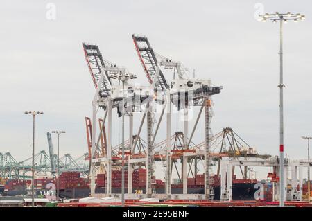 Blick auf den Hafen von Los Angeles mit Blick nach Süden, einschließlich Schiffe, Container, Kräne und Portale. Stockfoto