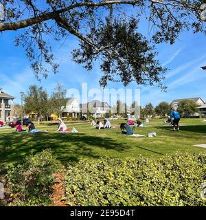 Orlando, FL USA - 30. Januar 2021: Menschen jeden Alters machen Yoga in einem Nachbarschaftspark an einem sonnigen Morgen. Stockfoto