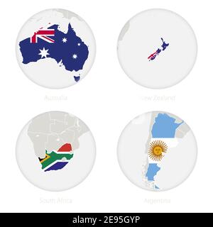 Australien, Neuseeland, Südafrika, Argentinien Kartenkontur und Nationalflagge im Kreis. Vektorgrafik. Stock Vektor