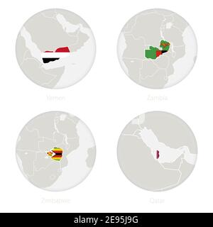 Jemen, Sambia, Simbabwe, Katar Karte Kontur und Nationalflagge in einem Kreis. Vektorgrafik. Stock Vektor