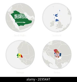 Saudi-Arabien, Schottland, Senegal, Serbien Karte Kontur und Nationalflagge in einem Kreis. Vektorgrafik. Stock Vektor