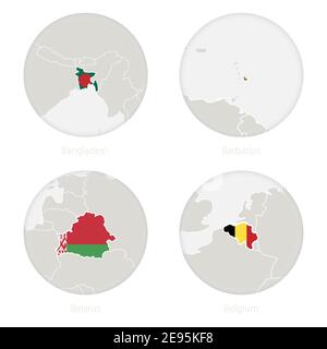 Bangladesch, Barbados, Weißrussland, Belgien Kartenkontur und Nationalflagge im Kreis. Vektorgrafik. Stock Vektor