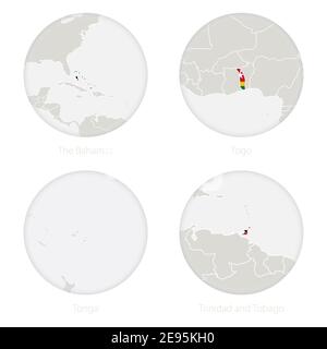 Die Bahamas, Togo, Tonga, Trinidad und Tobago Karte Kontur und Nationalflagge in einem Kreis. Vektorgrafik. Stock Vektor