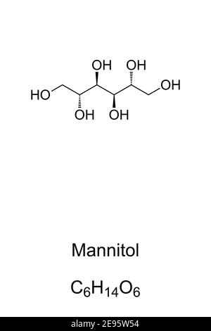 Mannitol, chemische Formel und Skelettstruktur. D-Mannitol, Mannit oder Manna Zucker. Isomer von Sorbitol, als Süßstoff in diabetischen Lebensmitteln verwendet. Stockfoto