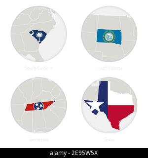 South Carolina, South Dakota, Tennessee, Texas US-Staaten Karte Kontur und Nationalflagge in einem Kreis. Vektorgrafik. Stock Vektor