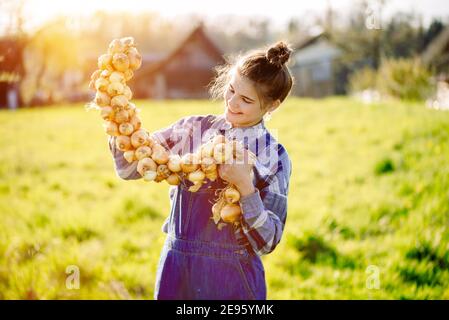 Happy Teenager Mädchen im Sommer gelb Boxfeld. Mädchen Landwirt Vorbereitung für das Pflanzen von Zwiebeln. Bouquet von Zwiebeln in den Händen. Sonnig-warmer Tag im Stockfoto