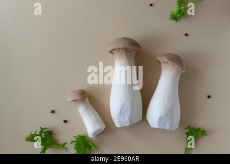 Eringi Pilze mit Salatblättern auf pastellfarbenem Hintergrund. Pleurotus eringi. Gesunde Ernährung Konzept. Horizontale Ausrichtung. Flache Verlegung. Speicherplatz kopieren. Stockfoto