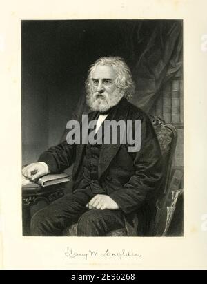 Eingraviertes Porträt nach einer Fotografie des amerikanischen Dichters und Professors Henry Wadsworth Longfellow (1807 – 1882), 1874. Stockfoto