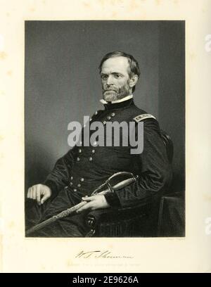 Eingraviertes Porträt nach einer Fotografie des amerikanischen Bürgerkriegsgenerals William Tecumseh Sherman (1820 - 1891), 1873. Fotografie von Jeremiah Gurney (1812 - 1895). Stockfoto