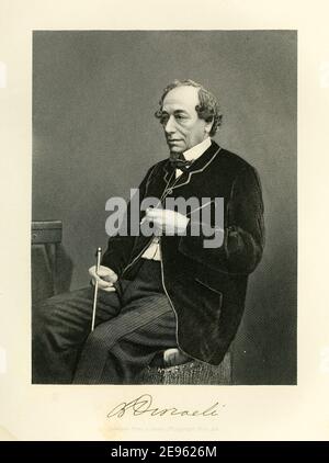 Eingraviertes Porträt nach einer Fotografie des britischen Staatsmannes und Romanciers Benjamin Disraeli (1804 – 1881), 1874. Stockfoto