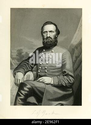 Eingraviertes Porträt nach einer Fotografie des amerikanischen Konföderierten Generals Thomas Jonathan 'Stonewall' Jackson (1824 - 1863), 1862/1874. Fotografie von Nathaniel Routzahn (1822 - 1908). Stockfoto