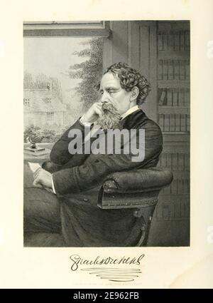 Eingraviertes Porträt nach einer Fotografie des englischen Schriftstellers und Sozialkritikers Charles Dickens (1812 - 1870), 1863/1874. Fotografie von John & Charles Watkins. Stockfoto