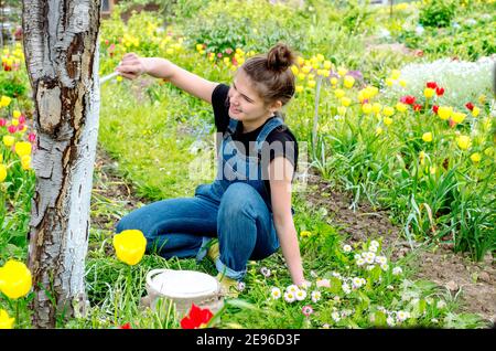 Mädchen Landwirt weiß einen Baum. Frühling landwirtschaftliche Arbeit. Gärtner im Garten. Obstbaumpflege. Kirschen und Apfelbäume im Frühling. Gartenarbeit und Stockfoto