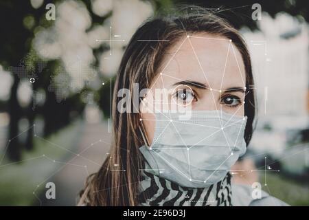 Biometrische Technologie zur Erkennung und Identifizierung von Gesicht und Augen in einer medizinischen Maske einer Person. Stockfoto