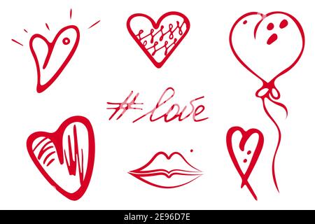 Vektor Doodle Herzen Icons Set, Hand gezeichnet Pinsel Tinte Linie, Liebe Konzept, dekoratives Kit für kreative Web-Karten, Vorlagen. Isolierte Elemente Stock Vektor