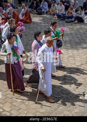 DAMBULLA, SRI LANKA - 12. März 2019: Gläubige und Mönche beten vor den Höhlen von Dambulla. Stockfoto