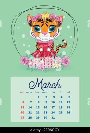 Niedlicher Tiger. Wandkalender Design-Vorlage für 2022, Jahr des Tigers nach dem chinesischen Kalender, A4-Format. Die Woche beginnt am Sonntag Stock Vektor