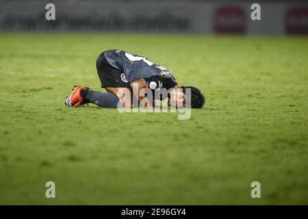 Nurul Sriyankem von Port FC feiert ein Tor im Spiel der Thai League 2020 zwischen Chiangrai United und Port FC im Singha Stadium.(Endstand; Chiangrai United 1:2 Port FC) Stockfoto